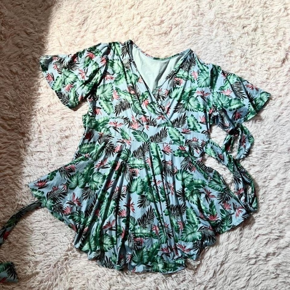 Tropical Botanical Floral Beachy Flowy VNeck Top Womens 2XL Babydoll Resort Swim